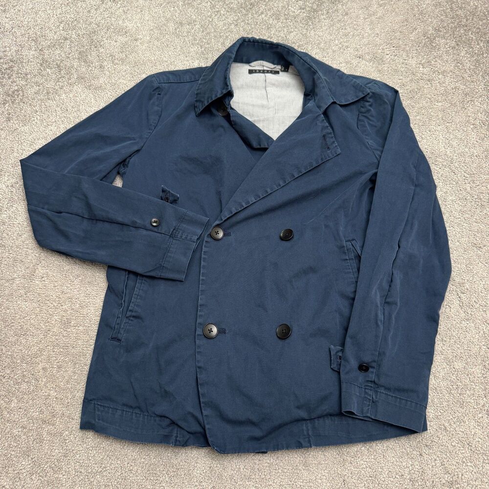 Theory Maiher Signal Cotton Double Breasted Pea Coat Jacket Mens Small Navy Blue